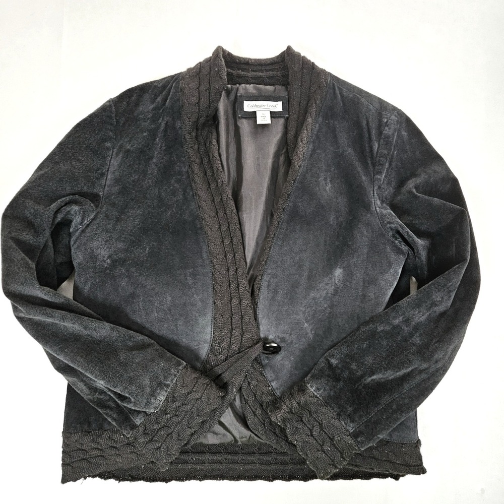 Coldwater Creek Black Suede Leather Jacket Knit Trim Single Button Womens Medium